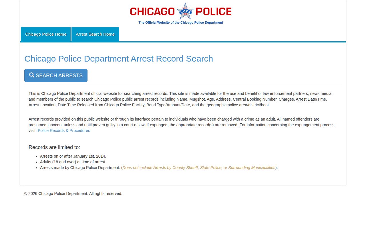 Illinois Chicago Police adult arrest record search describing arrest, booking, charge, location, bond, and photo fields