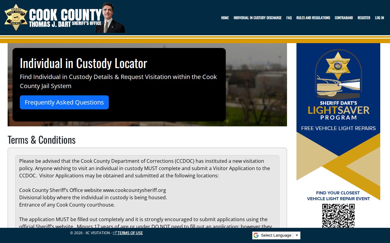 Illinois Cook County Individual in Custody Locator terms page, not a booking result