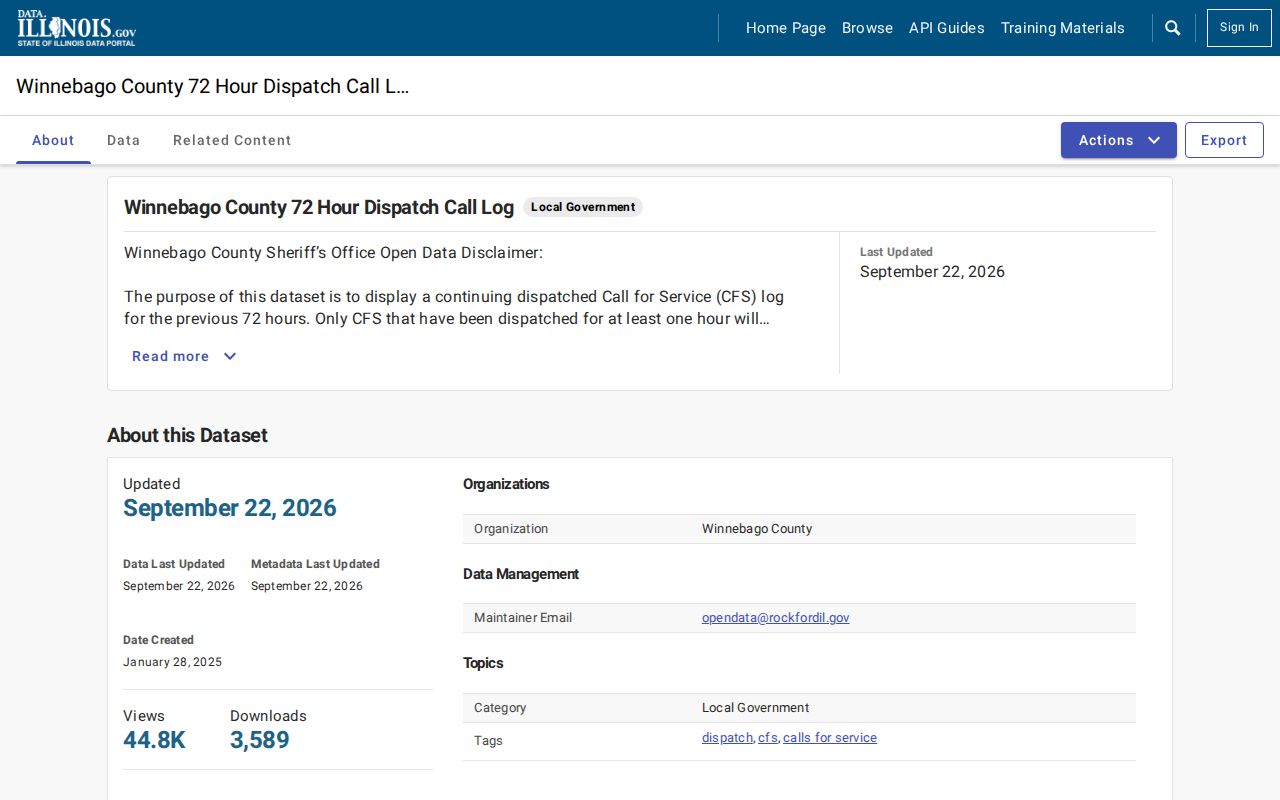 Illinois open-data listing for Winnebago County’s 72-hour dispatch call log