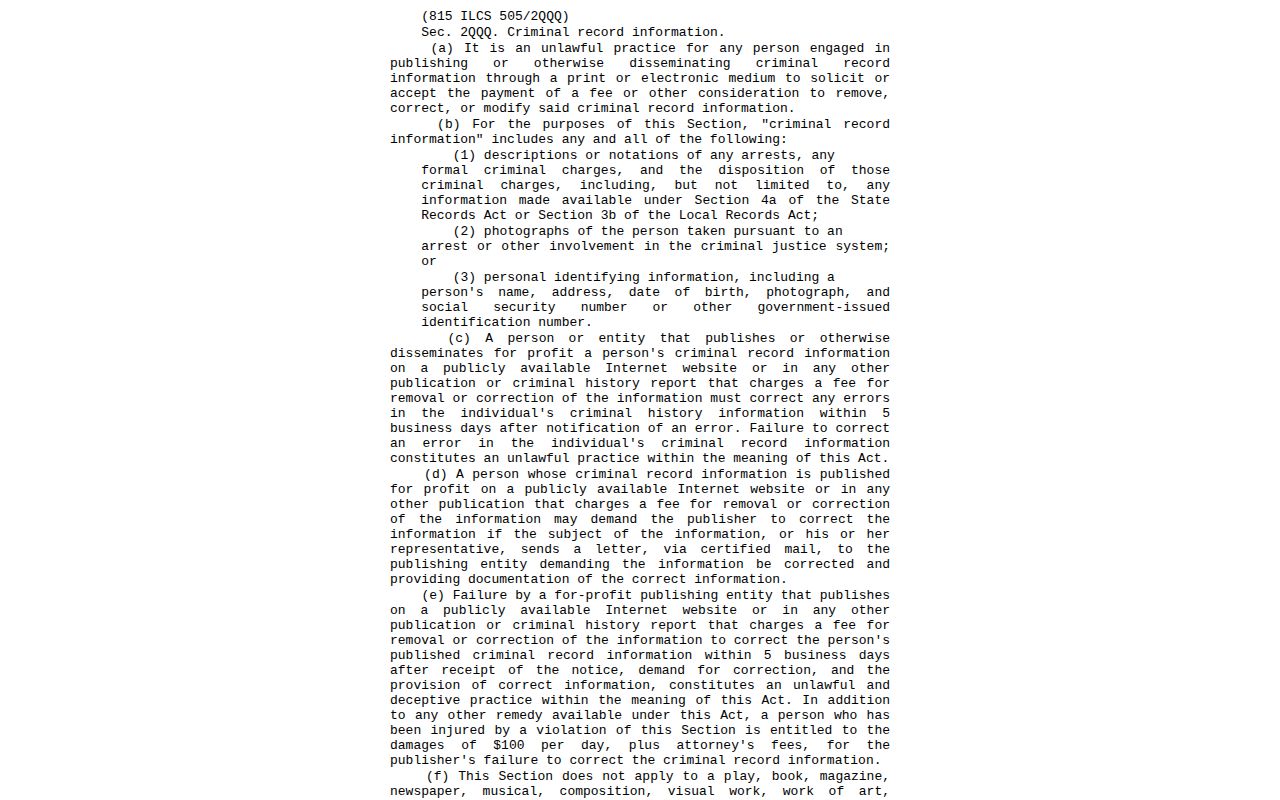 Illinois anti-pay-to-remove law covering arrest records and booking photos