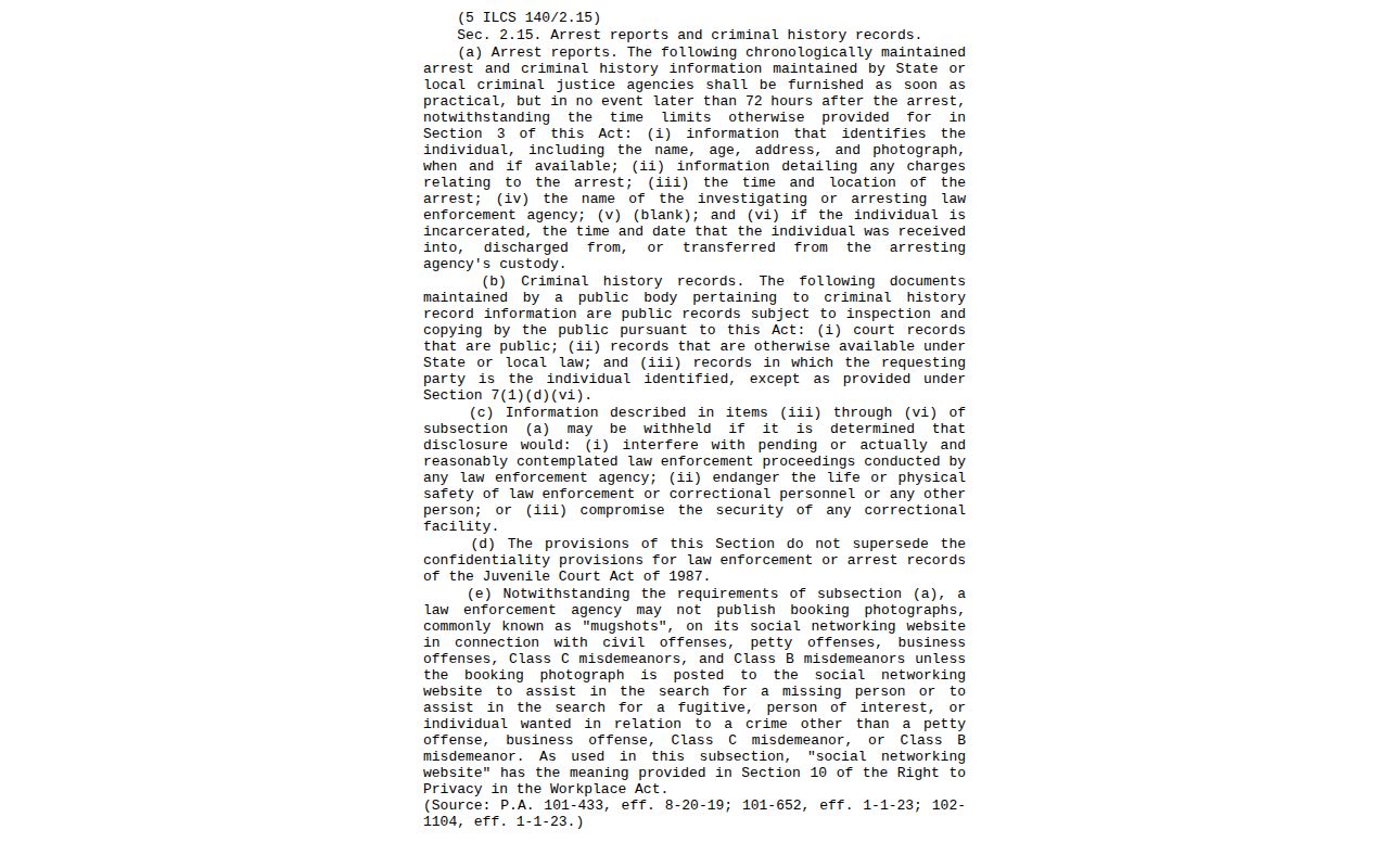 Illinois arrest record fields in the official Freedom of Information Act