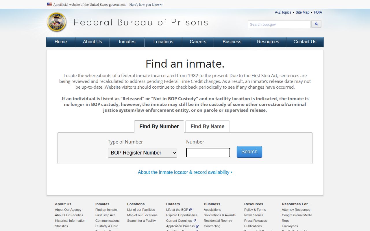 Federal Bureau of Prisons inmate locator search page, a federal custody tool rather than an Illinois booking roster