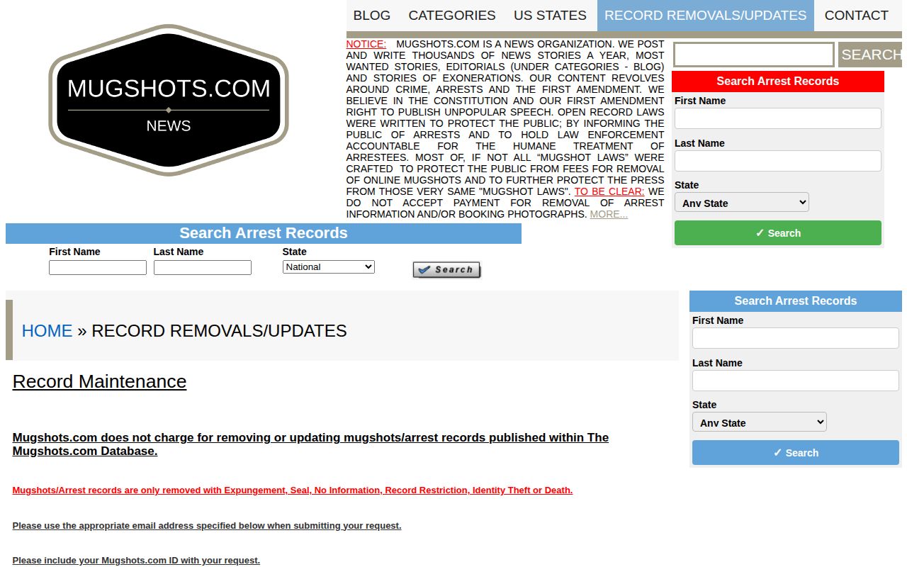 Mugshots.com free record-maintenance policy for Illinois arrest information