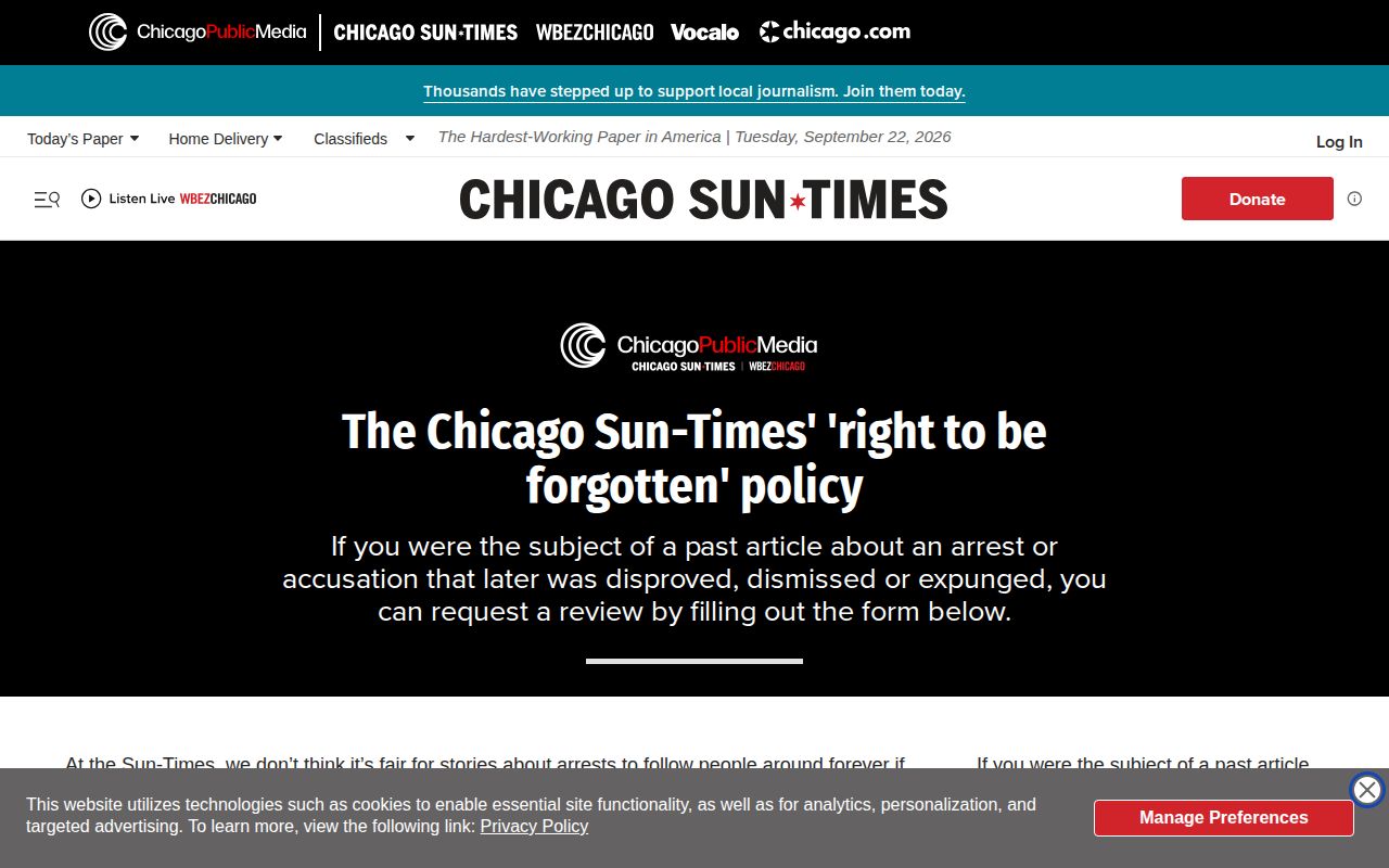 Chicago Sun-Times editorial review policy for older arrest coverage