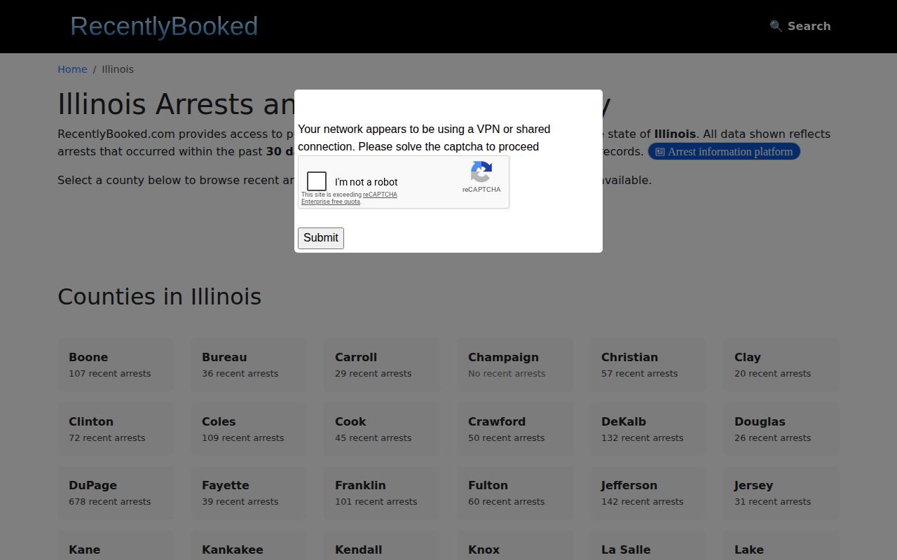 Illinois secondary arrest index showing selective county coverage, not an official booking roster
