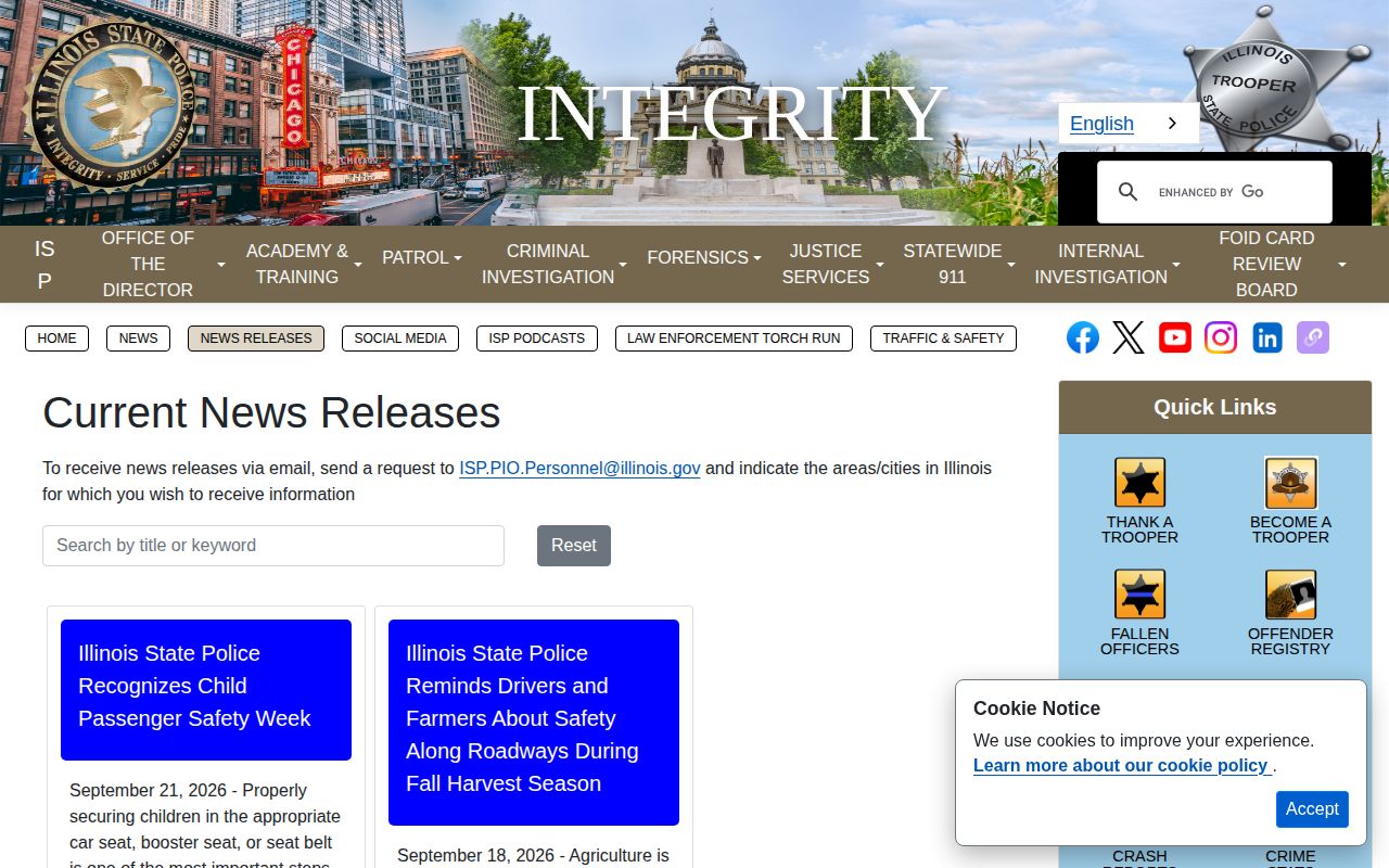 Illinois State Police news release index with selected dated arrest and enforcement announcements