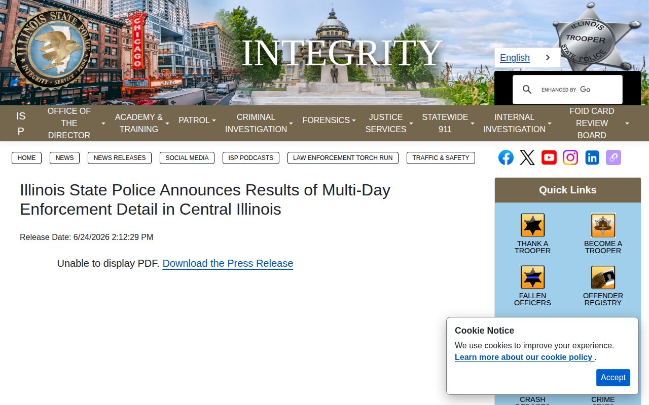 Illinois State Police multi-day regional enforcement announcement, one publication rather than a full arrest log