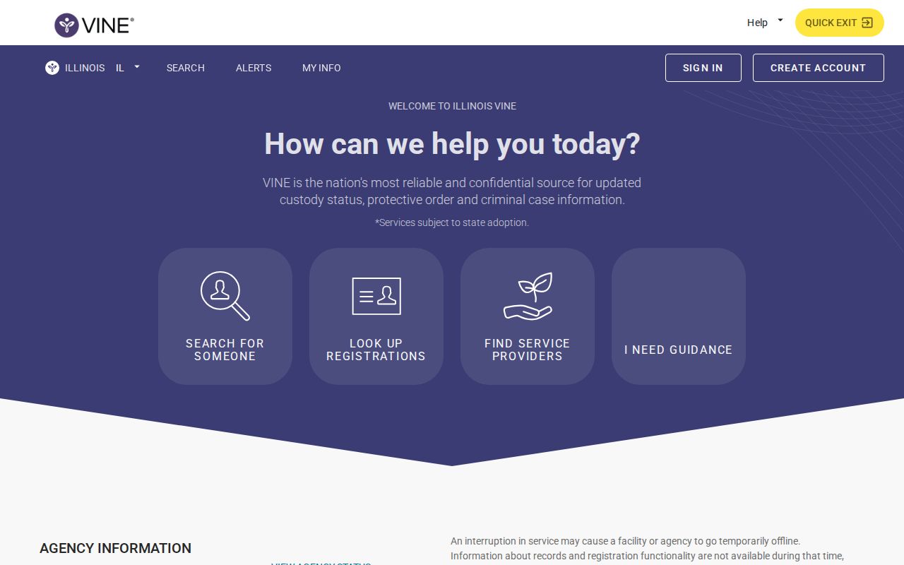 Illinois VINELink custody search and alert registration interface