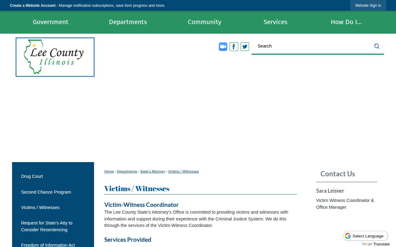 Lee County Illinois victim and witness page with local custody notification information